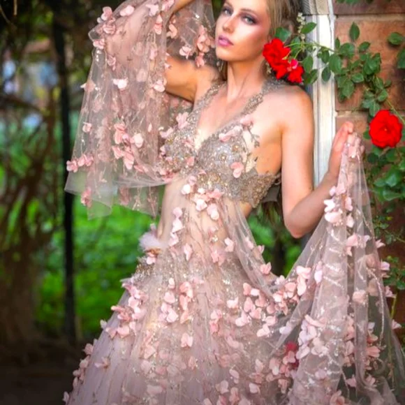 SAMPLE GOWN"TUSCANY" Blush & Rose Gold Floral Lace Tulle Wedding Ballgown Set